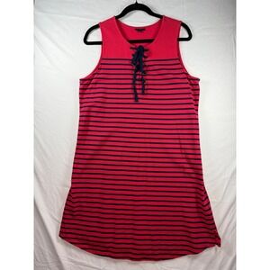 Talbots Womens Red Navy Blue Striped Lace Up Sleeveless Cotton Pique Dress L